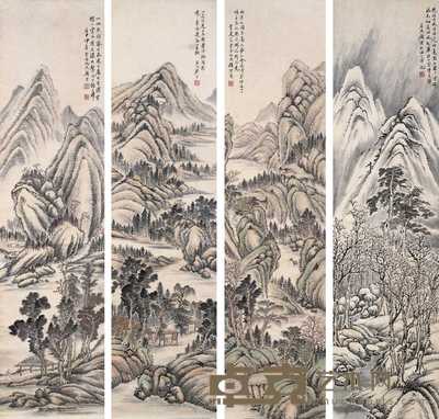 顾沄 山水 四屏 130×33cm×4